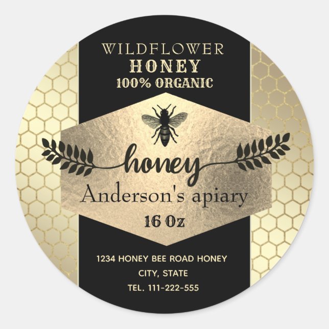 Gold honeybee honey branch honey jar label (Front)