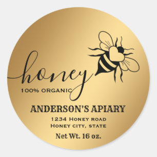 Gold honeybee script honey jar classic round sticker