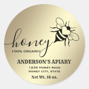 Gold honeybee script honey jar classic round sticker