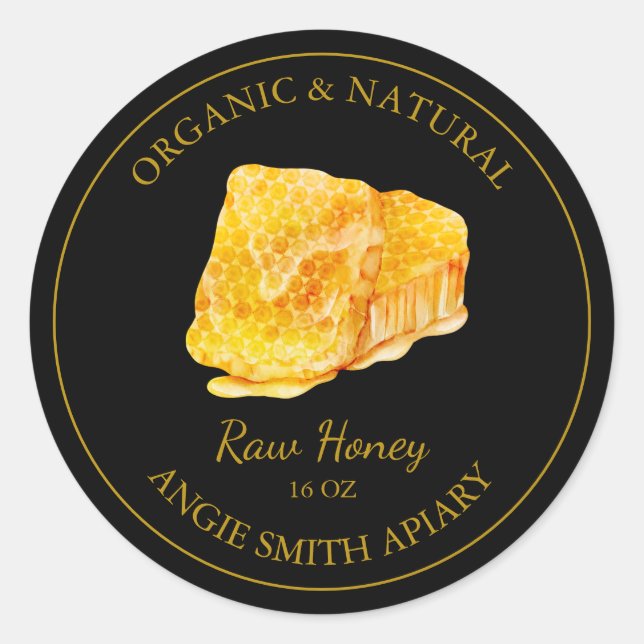 Gold Honeycomb Raw Honey Label | Black (Front)
