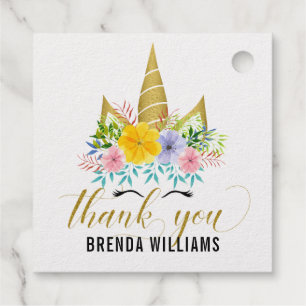 Gold horn unicorn & flowers, thank you typography favour tags