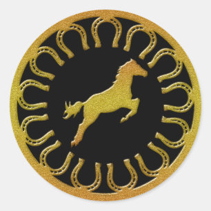 GOLD HORSE AND HORSESHOES CLASSIC ROUND STICKER