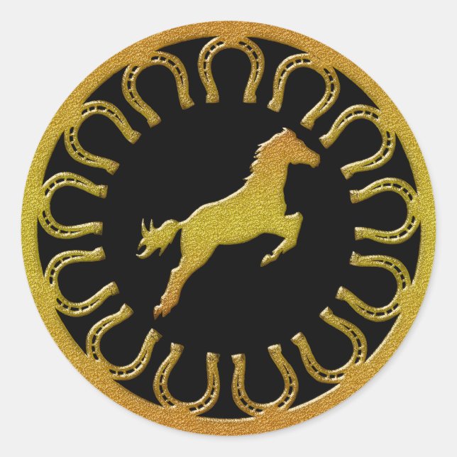GOLD HORSE AND HORSESHOES CLASSIC ROUND STICKER (Front)