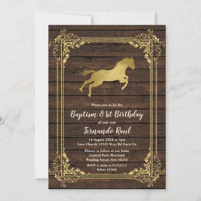  Gold Horse Baptism First Birthday Mexican Invitation (Front)