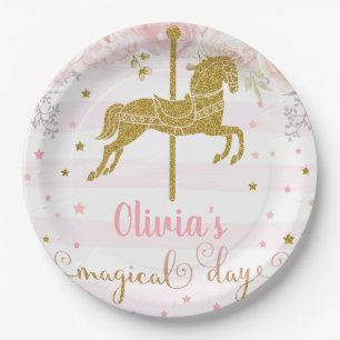 Gold horse girl birthday customized paper plate. plate