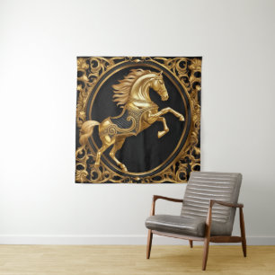 Gold horse gold and black ornamental frame tapestry
