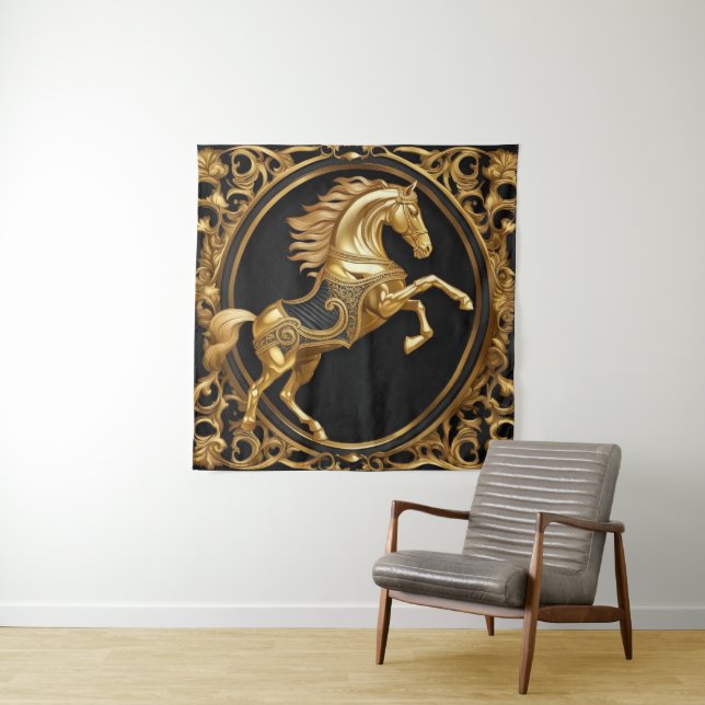 Gold horse gold and black ornamental frame tapestry (In Situ)