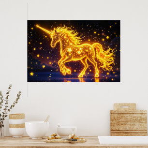 Gold horse horn fairy tale night space sky poster