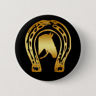 GOLD HORSESHOE AND HORSE HEAD 2 INCH ROUND BUTTON