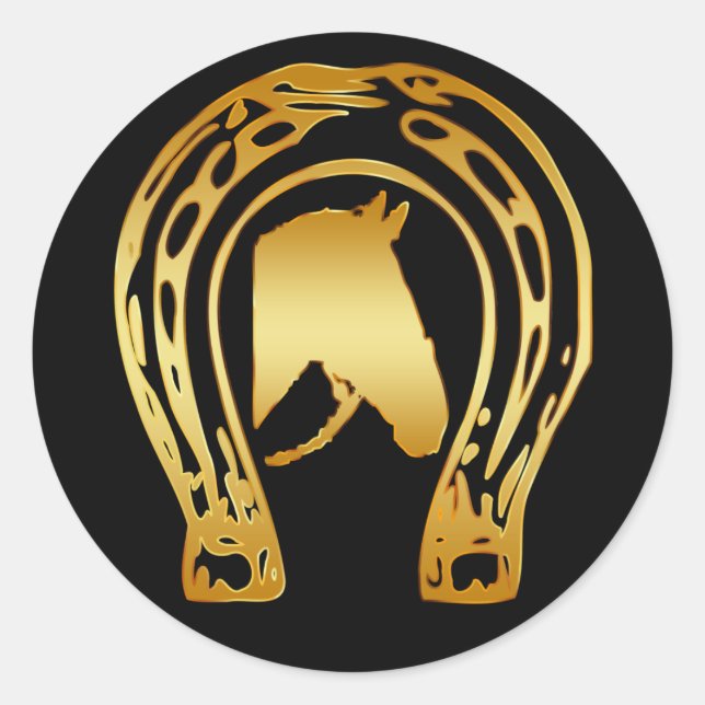 GOLD HORSESHOE AND HORSE HEAD CLASSIC ROUND STICKER (Front)