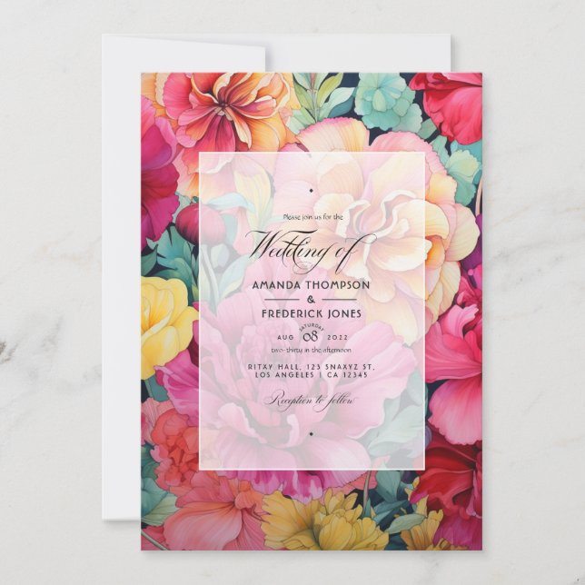 Gold, Hot-Pink and Green Floral Wedding Invitation (Front)