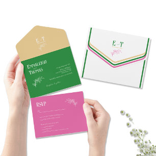 Gold Hot Pink and Green Simple Modern Wedding All In One Invitation