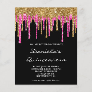 Gold Hot Pink Glitter Drip Quinceañera Invite