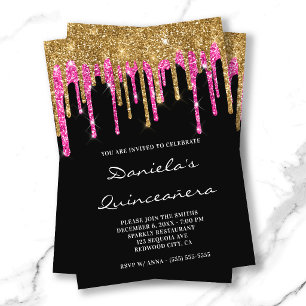 Gold Hot Pink Glitter Drips Black Quinceañera Invitation