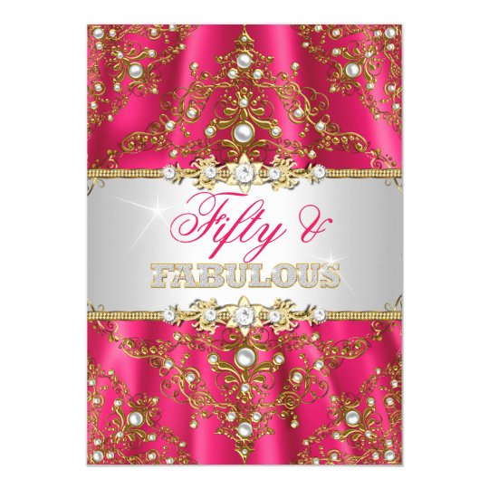 Gold & Hot Pink Pearl Damask Fifty and Fabulous Card