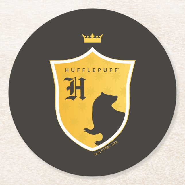 Gold HUFFLEPUFF™ Outlined Crowned Crest Round Paper Coaster (Front)