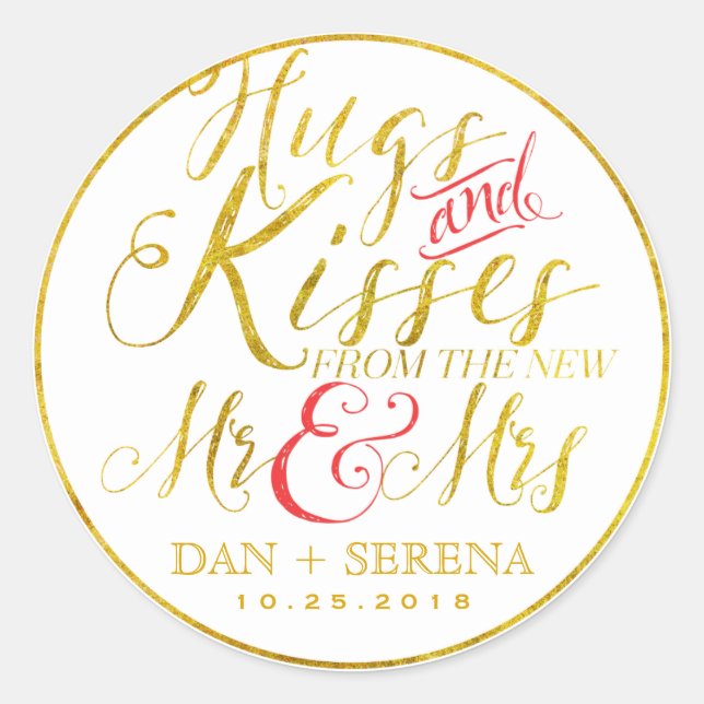 Gold Hugs Kisses du nouveau M. Mme Sticker Mariage (Devant)