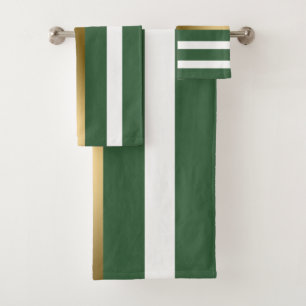 Gold Hunter-Green And White Stripes Bath Towel Set