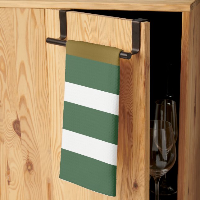 Gold Hunter-Green And White Stripes  Kitchen Towel (Thirds Fold)
