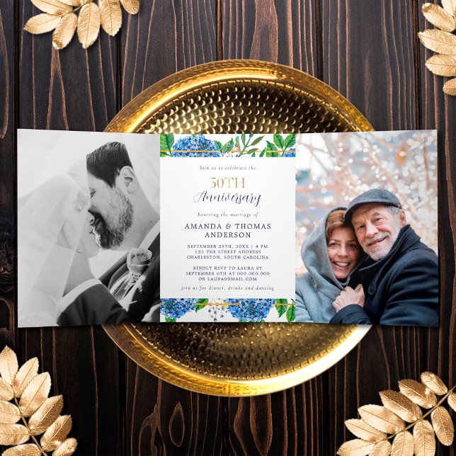 Gold Hydrangea 50th Wedding Anniversary Invitation (Creator Uploaded)