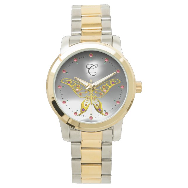 GOLD HYPER BUTTERFLY Grey Gemstone Monogram Watch (Front)