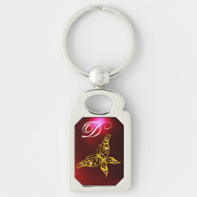 GOLD HYPER BUTTERFLY JEWEL,GEMSTONES MONOGRAM Red Keychain (Front)