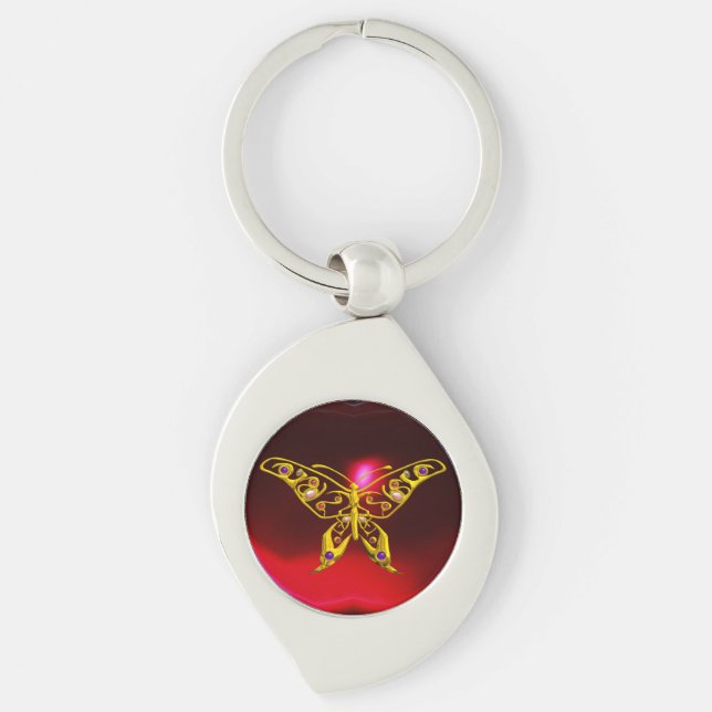 GOLD HYPER BUTTERFLY JEWEL Red Burgundy Ruby Keychain (Front)