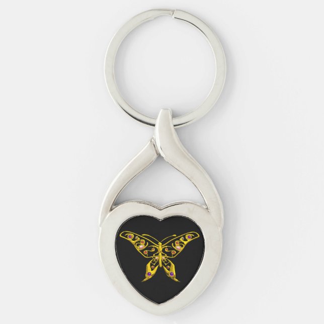 GOLD HYPER BUTTERFLY JEWEL WITH GEMSTONES ,Black Keychain (Front)