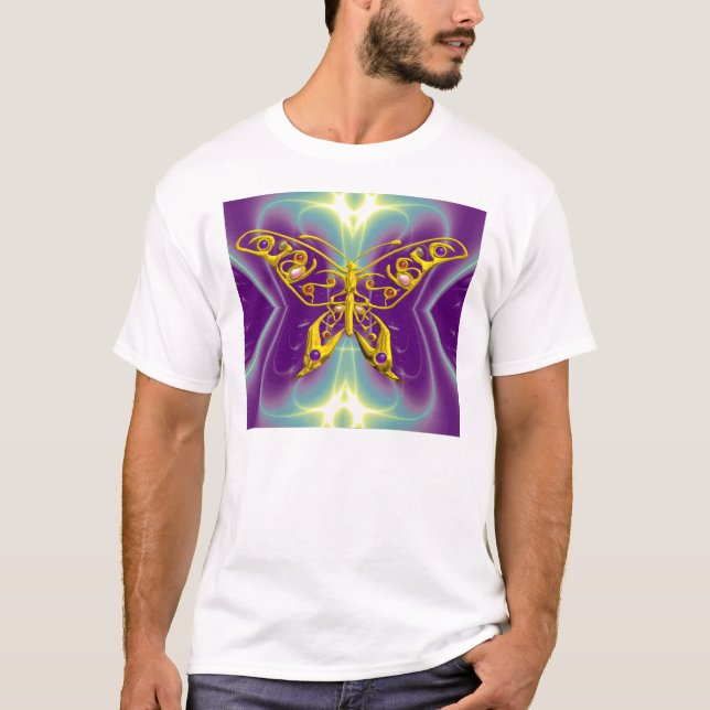 GOLD HYPER BUTTERFLY ,Purple Green Fractal Waves T-Shirt (Front)