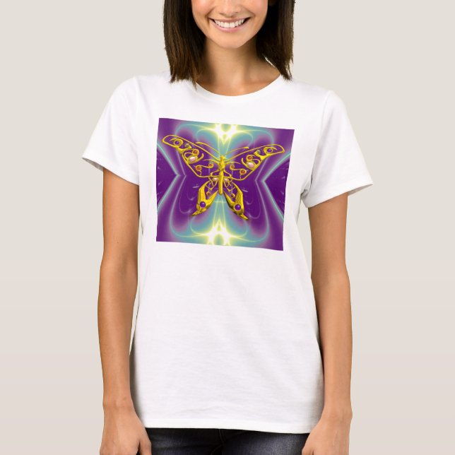 GOLD HYPER BUTTERFLY ,Purple Teal Fractal Waves T-Shirt (Front)
