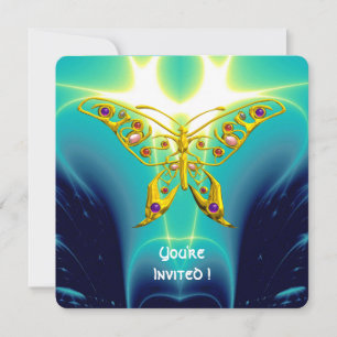 GOLD HYPER BUTTERFLY,Turquoise Blue Fractal Waves Invitation