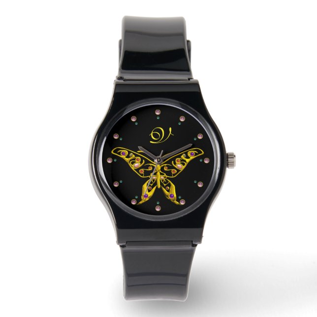 GOLD HYPER BUTTERFLY WITH GEMSTONES Monogram Black Watch (Front)