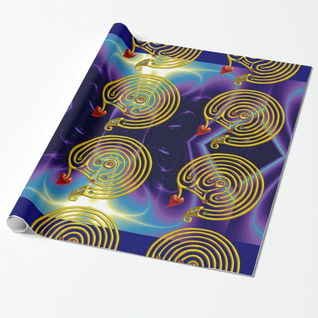 GOLD HYPER LABYRINTH / BLUE PURPLE LIGHT WAVES WRAPPING PAPER (Unrolled)