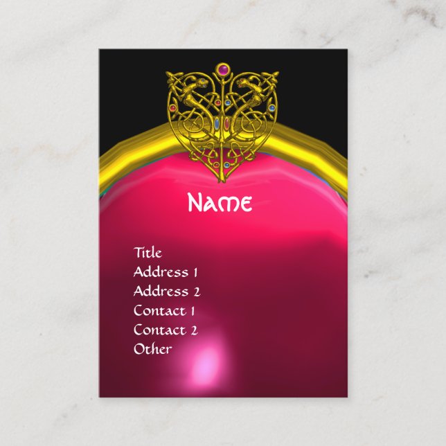 GOLD HYPER VALENTINE HEART PINK RUBY GEM MONOGRAM BUSINESS CARD (Front)