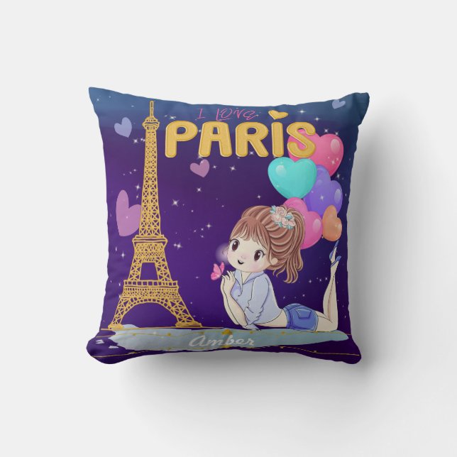 Gold I Love Paris Eiffel Tower Throw Pillow (Front)