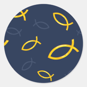 Gold Ichthus Pattern on Navy Blue Background Classic Round Sticker