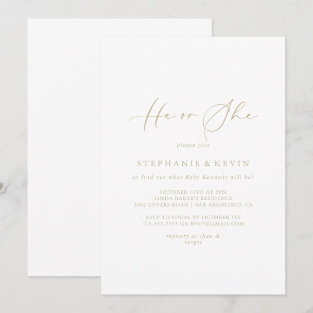 Gold Idyllic Calligraphy He or She Gender Reveal  Invitation (Front/Back)