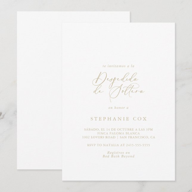 Gold Idyllic Calligraphy Spanish Bridal Shower Invitation (Front/Back)