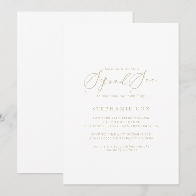 Gold Idyllic Stylish Calligraphy Sip and See  Invitation (Front/Back)
