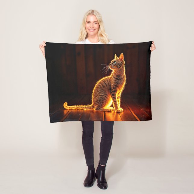 Gold illuminated cat light and shadow pets art fleece blanket (In Situ)