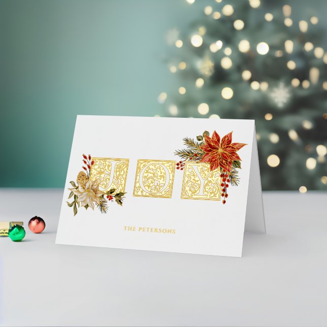 Gold Illuminated Joy Block Letters w/Poinsettias Foil Holiday Card (Holiday In Situ 2)