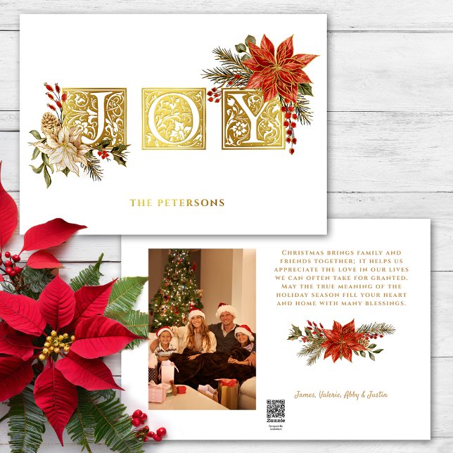 Gold Illuminated Joy Block Letters w/Poinsettias Foil Holiday Card (Creator Uploaded)