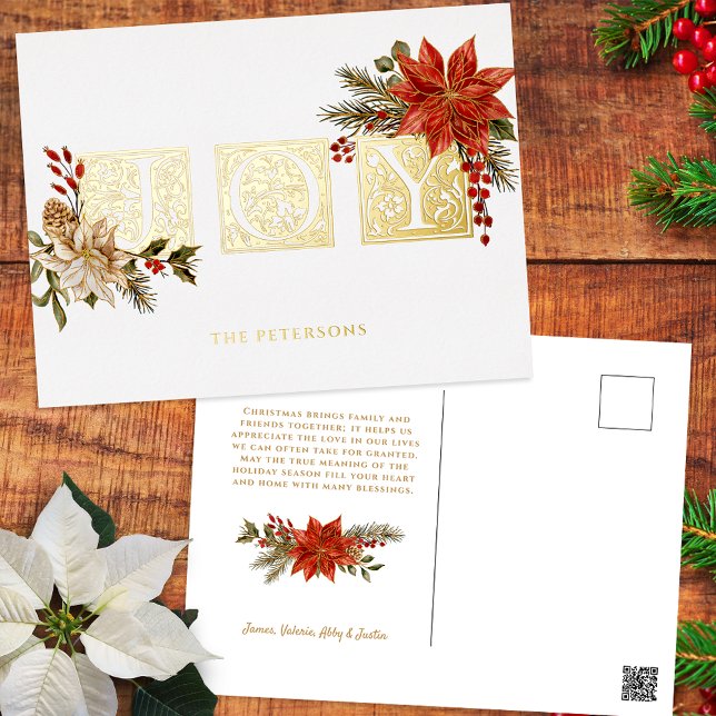 Gold Illuminated Joy Block Letters w/Poinsettias Foil Holiday Postcard (Creator Uploaded)