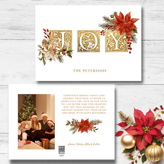 Gold Illuminated Joy Block Letters w/Poinsettias Holiday Card (Creator Uploaded)
