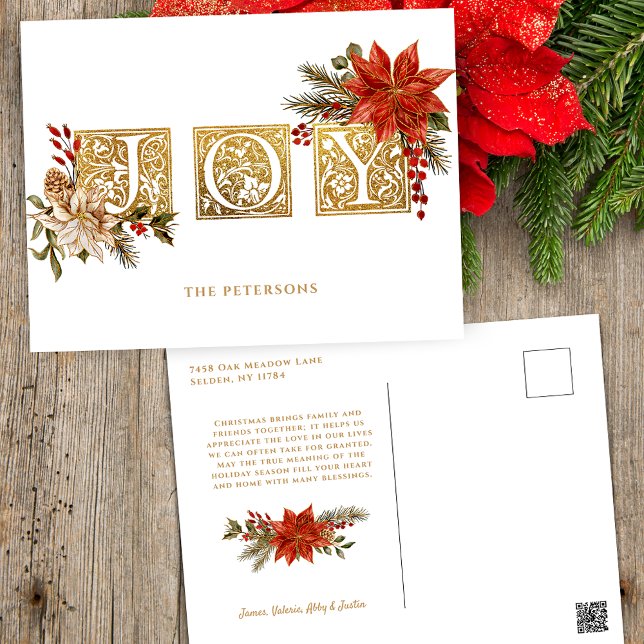 Gold Illuminated Joy Block Letters w/Poinsettias Holiday Postcard (Creator Uploaded)