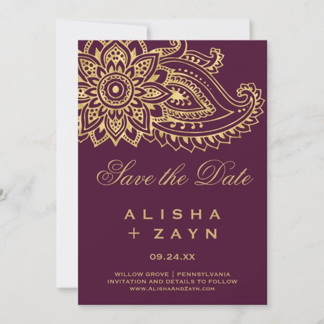 Gold Indian Paisley Enregistrer la carte Date (Devant)