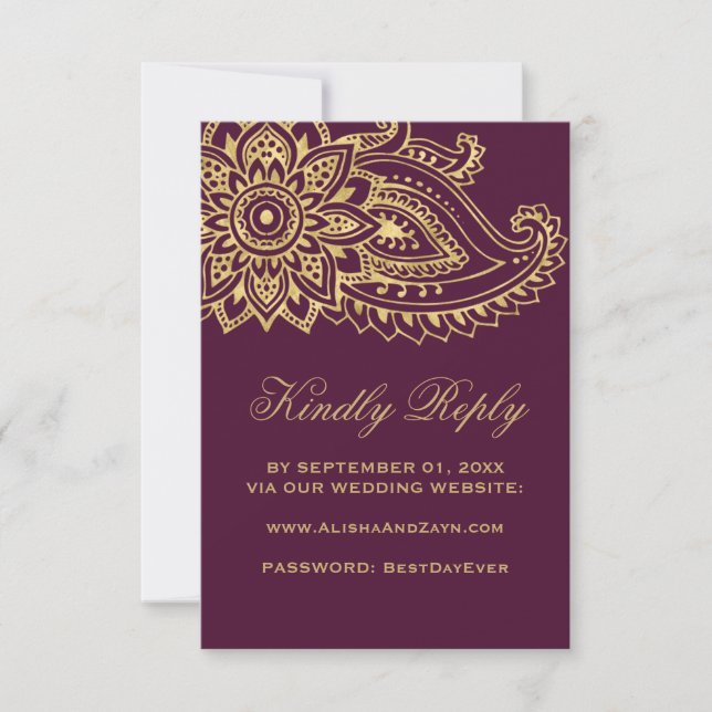 Gold Indian Paisley Site Mariage Carte RSVP (Devant)