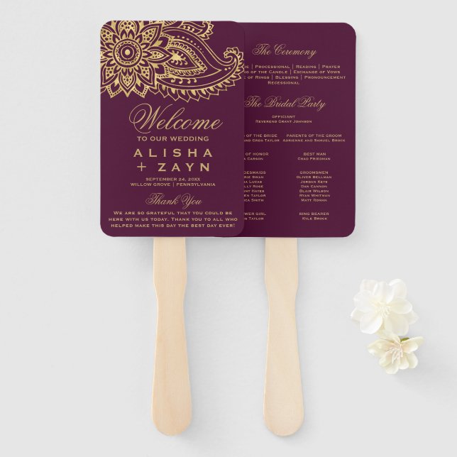 Gold Indian Paisley Wedding Program Hand Fan (Front and Back)