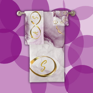 Gold Infinity Initial Monogram on purple and gold Bath Towel Set