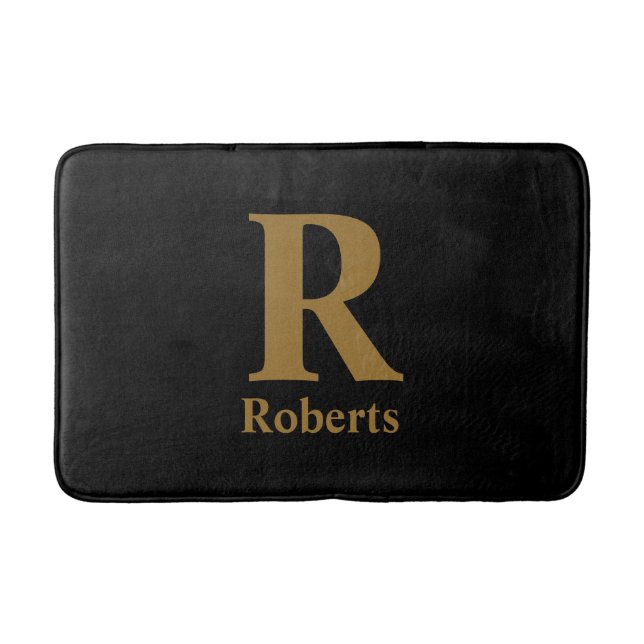 Gold Initial/First/Family Name On Black Bath Mat (Front)